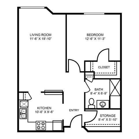 Floor plan for 1 bed, 1 bath, 731 sqft